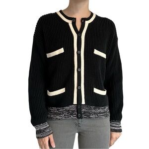 J. Crew Front Pocket Cotton Cardigan Sweater Black White Knit Size Medium